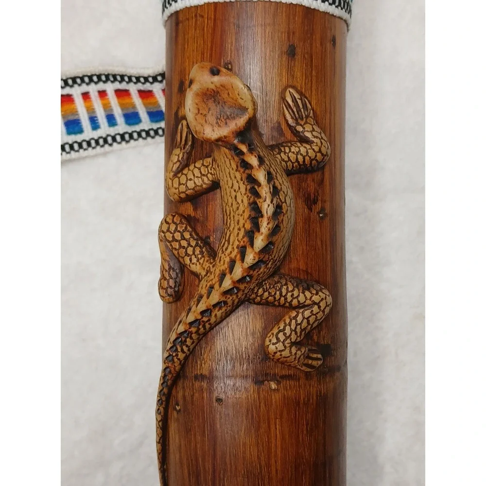 Vintage Hand Carved Bamboo Galapagos Lizard Rainstick Shaker Woven Strap